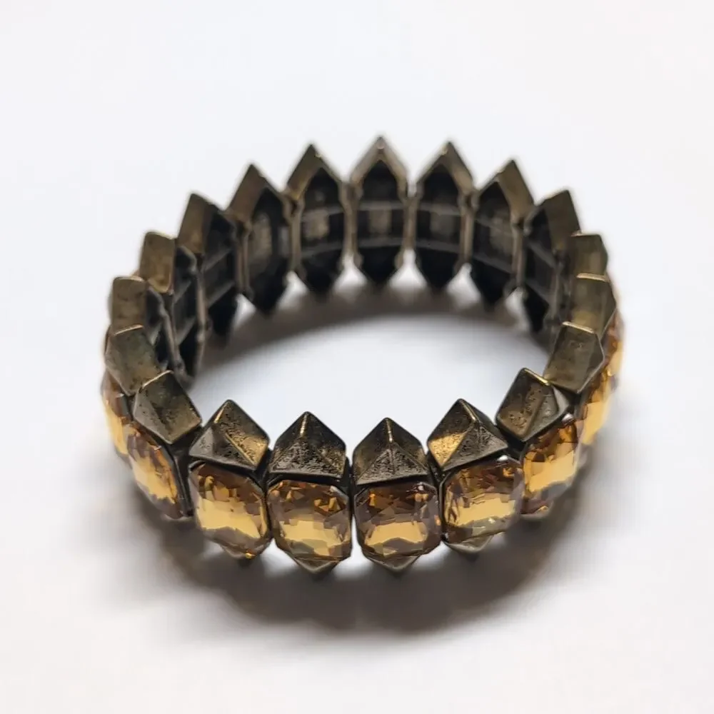 299‎ Vintage Heavy Amber Glass Statement Stretch Bracelet Gold Tone Pyramid Link